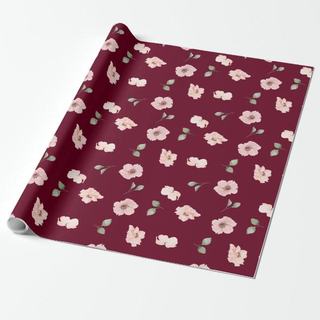 Burgundy Floral Blush Pink Flower Pattern Wrapping Paper (Unrolled)