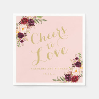 Burgundy Floral Blush Pink Wedding Gold Cheers Napkin