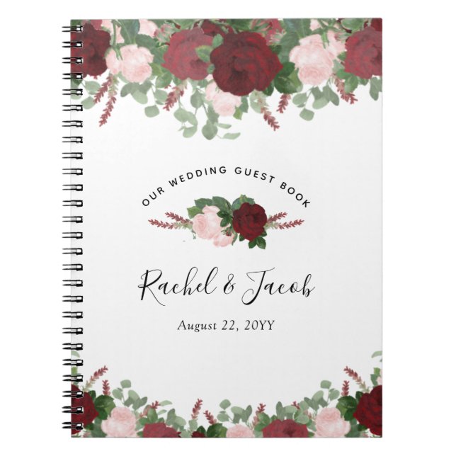 Burgundy Floral Blush Pink Wedding Guest Book (Front)