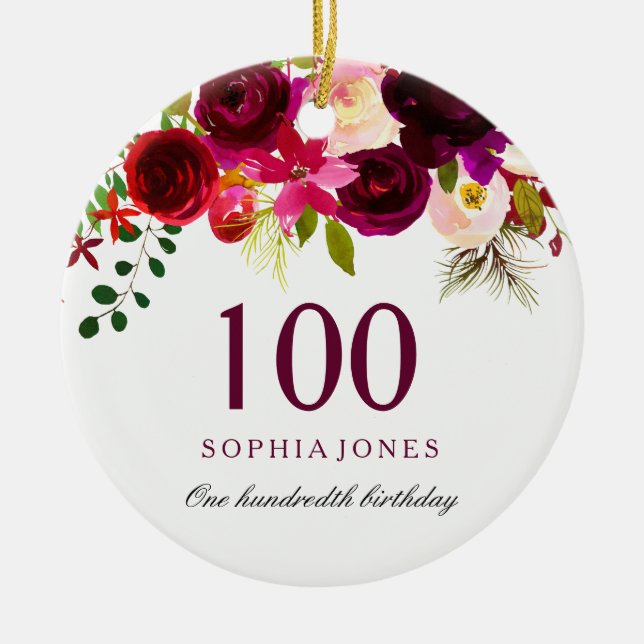 Burgundy Floral Boho 100th Birthday Gift Ceramic Ornament (Front)
