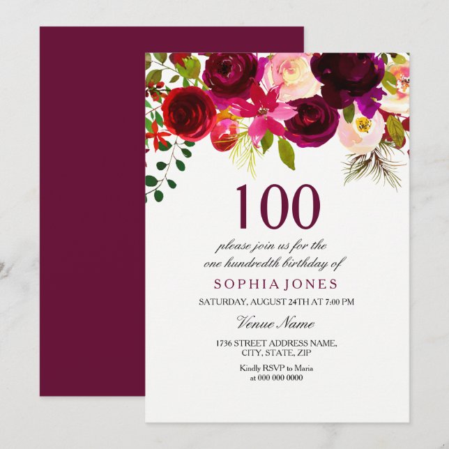 Burgundy Floral Boho 100th Birthday Party Invite (Front/Back)