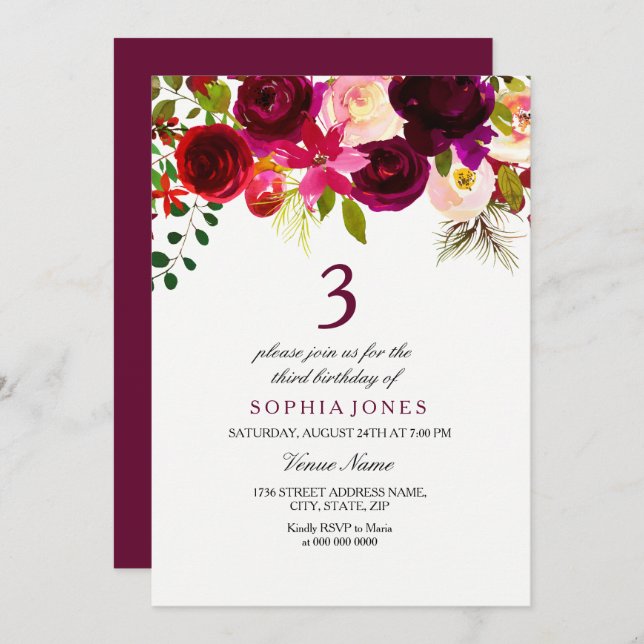 Burgundy Floral Boho 3rd Birthday Party Invite (Front/Back)