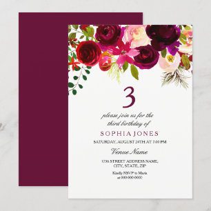 Burgundy Floral Boho 3rd Birthday Party Invite