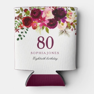Burgundy Floral Boho 80th Birthday Party Can Cooler