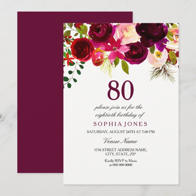 Burgundy Floral Boho 80th Birthday Party Invite (Front/Back)