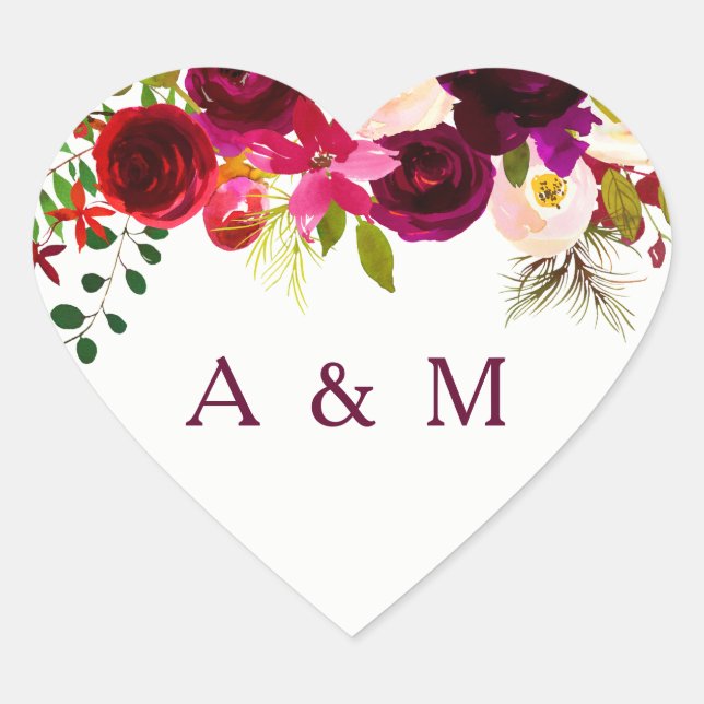 Burgundy Floral Boho all occasion favour Heart Sticker (Front)