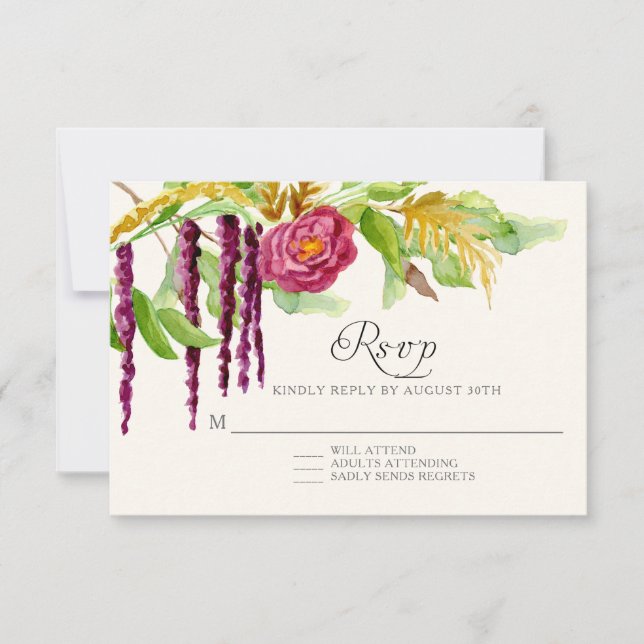 Burgundy Floral BOHO Bois Rustique Réponse RSVP (Devant)