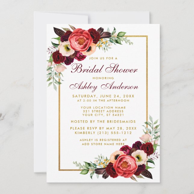 Burgundy Floral Boho Bridal Shower Gold Invite WB (Front)