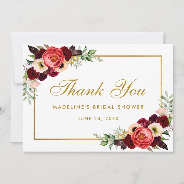 Burgundy Floral Boho Bridal Shower Thanks Card W (Front)