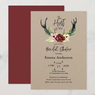 Burgundy Floral Boho Hunt is Over Bridal Shower Invitation