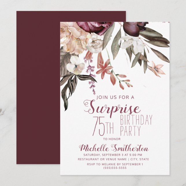 Burgundy Floral Boho Vintage 75th Birthday Invitation (Front/Back)