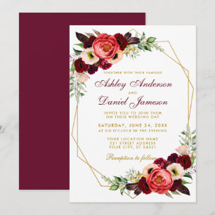 Burgundy Floral Boho Wedding Gold Frame B Invitation