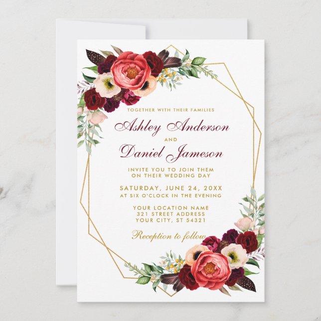 Burgundy Floral Boho Wedding Gold Frame W Invitation (Front)