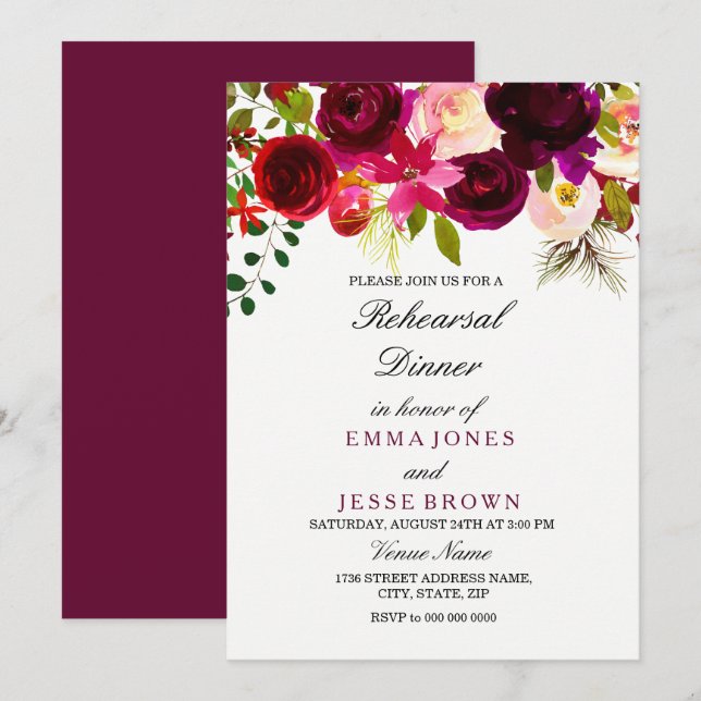 Burgundy Floral Boho Wedding Rehearsal Dinner card (Front/Back)