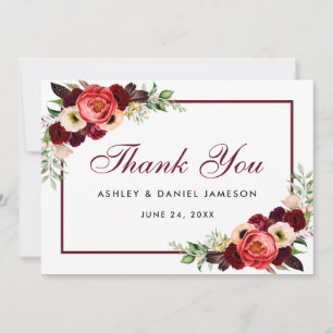 Burgundy Floral Boho Wedding Thank You Card B