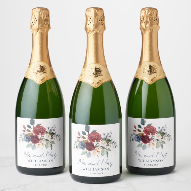 Burgundy Floral Botanical Script Wedding Sparkling Wine Label (Bottles)