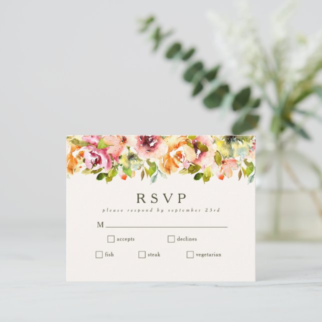 Burgundy Floral Botanical Wedding Meal Choice RSVP Card (Standing Front)
