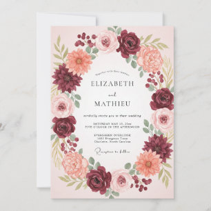 Burgundy Floral Botanical Wreath Wedding Invitation