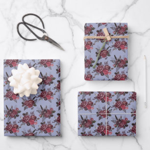 Burgundy Floral Bouquet on Grey Blue Wrapping Paper Sheet