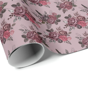 Burgundy Floral Bouquet on Medium Grayish Pink Wrapping Paper