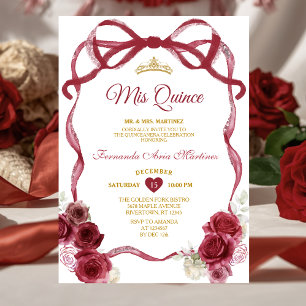 Burgundy Floral Bow Ribbon Gold Crown Mis Quince Invitation