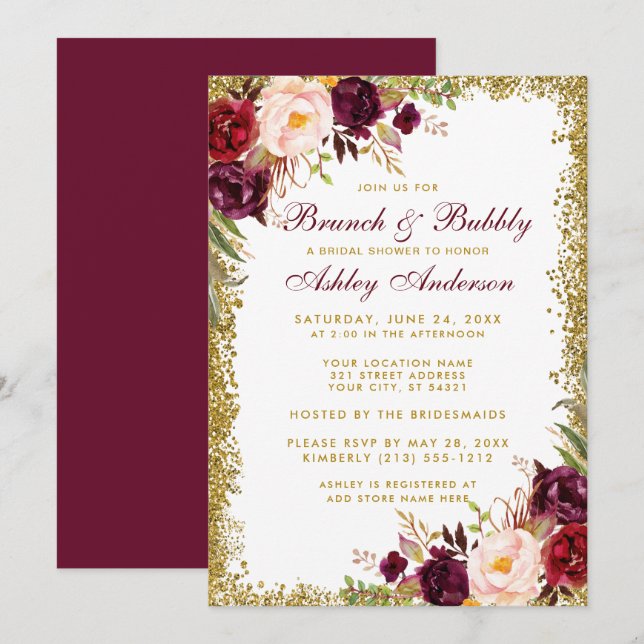 Burgundy Floral Bridal Shower Brunch Invite Gold B (Front/Back)