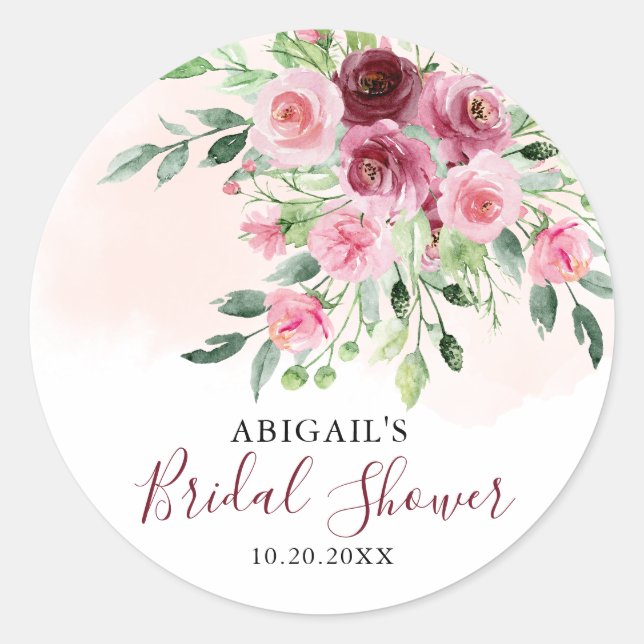 Burgundy Floral  Bridal Shower Classic Round Sticker (Front)