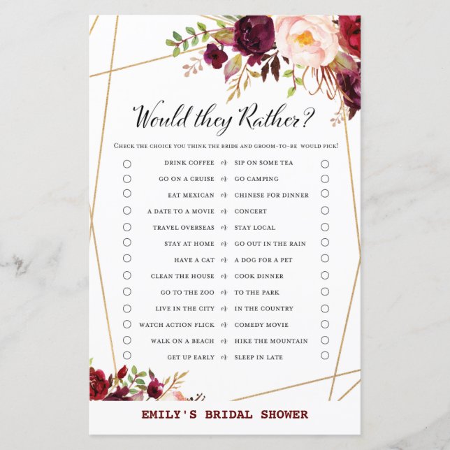 Burgundy Floral Bridal Shower Game, Wedding Shower (Front)