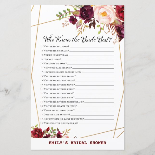 Burgundy Floral Bridal Shower Game, Wedding Shower (Front)