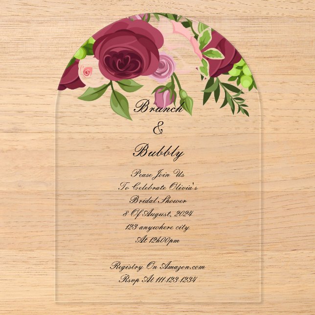 Burgundy floral bridal shower invitation  (Front)