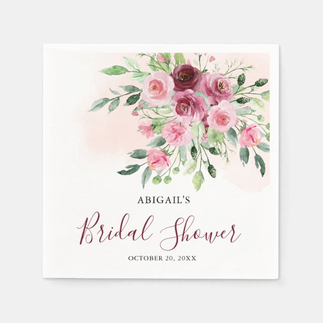 Burgundy Floral  Bridal Shower Napkin (Front)