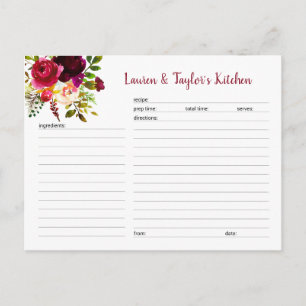 Burgundy floral bridal shower recipe card