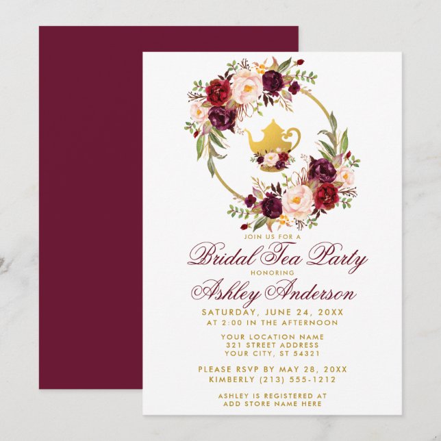 Burgundy Floral Bridal Shower Tea Party Invite B (Front/Back)