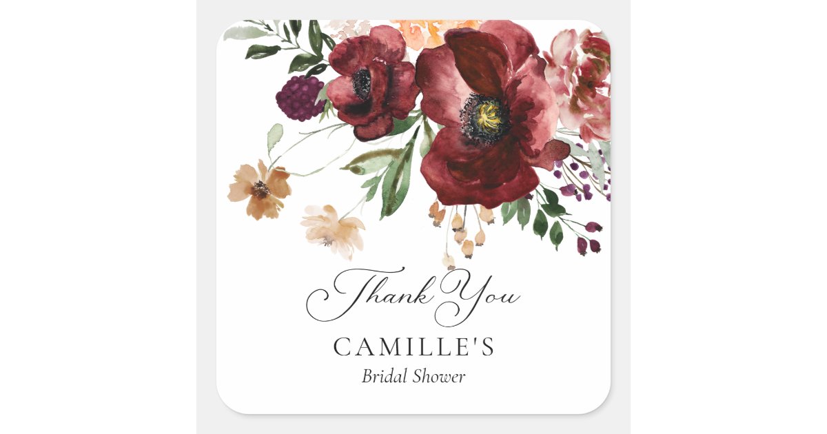 Burgundy Floral Bridal Shower Thank you Square Sticker | Zazzle