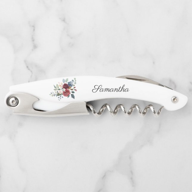 Burgundy Floral Bridesmaid Gift Wedding Favour Corkscrew (Front)