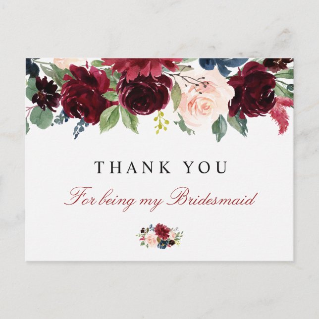 burgundy floral bridesmaid thank you card (Front)