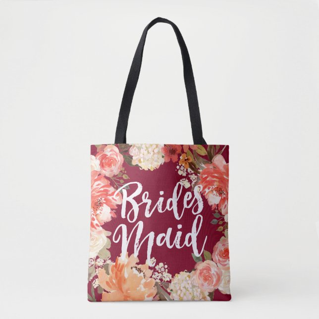 Burgundy Floral Bridesmaid Tote Bag (Front)