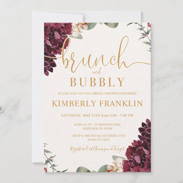 Burgundy Floral Brunch and Bubbly Bridal Shower Invitation (Front)