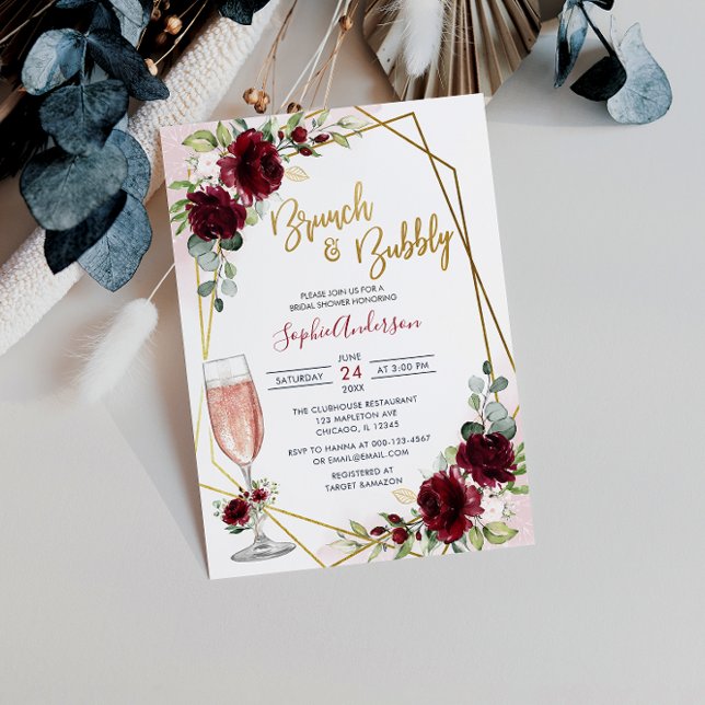 Burgundy Floral Brunch And Bubbly Bridal Shower Invitation (Creator Uploaded)