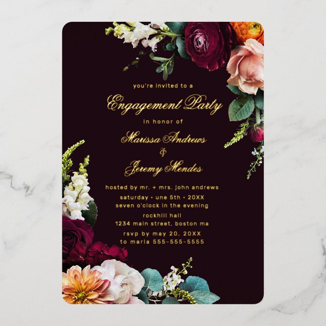 Burgundy Floral Calligraphy Engagement Party Gold (Front)