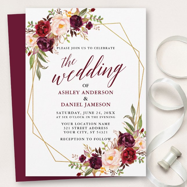 Burgundy Floral Calligraphy Geometric Wedding Invitation (Customize to change text size, style, add text & photos to back or change color of back of card.)