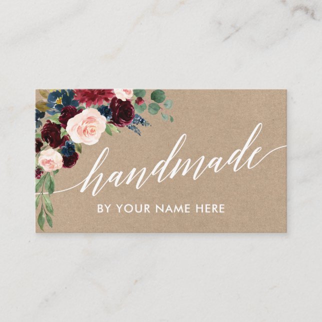 Burgundy Floral Calligraphy Hand Made Kraft Style Business Card (Front)