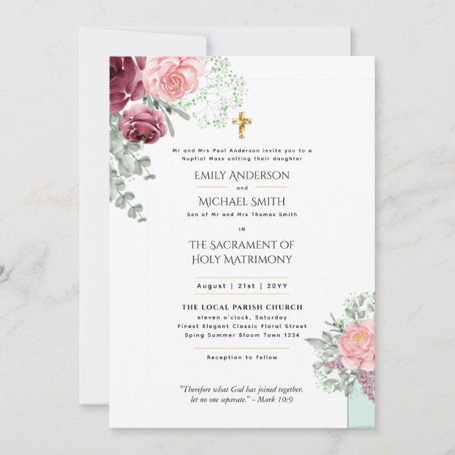 Burgundy Floral Catholic Wedding Nuptial Mass Invitation (Front)
