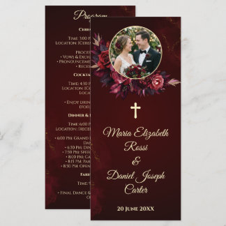 Burgundy Floral Catholic Wedding Program Card