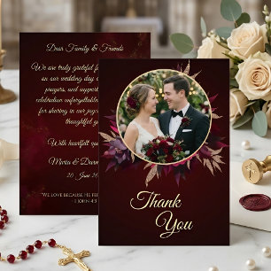 Burgundy Floral Catholic Wedding Thank You  Card