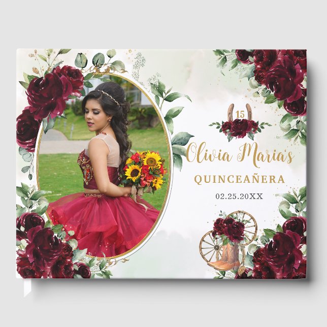 Burgundy Floral Charro Boots Quinceanera Photo Guest Book (Front)