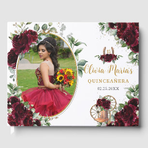 Burgundy Floral Charro Boots Quinceanera Photo Guest Book