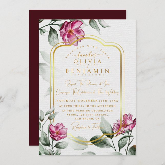Burgundy  Floral Chic Golden Frame Wedding Invitat Invitation (Front/Back)