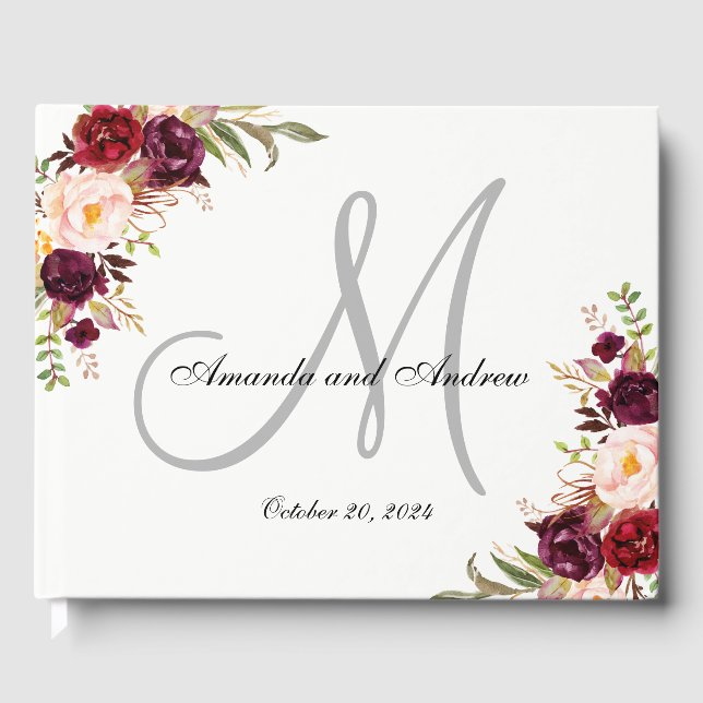 Burgundy Floral Chic Grey Monogram Photo Wedding Guest Book (Front)
