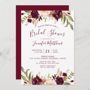 Burgundy Floral Chic Script Rustic Bridal Shower Invitation